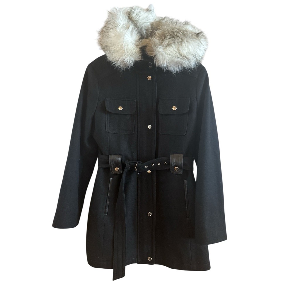 Laundry By Design Black Wool Blend Woman's Size Large‎ Belted Coat Faux Fur Trim